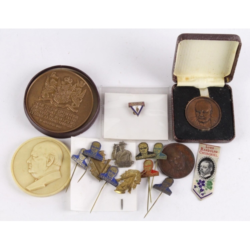 761 - British Commemorative Medals, Badges, Pins etc (16) relating to Winston Churchill.