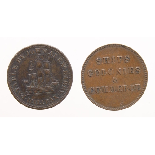 770 - Canada Tokens (2): 'Ships Colonies & Commerce' Halfpenny VF, and John Alex'r Barry, Halifax Halfpenn... 