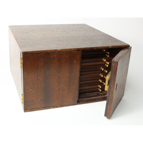 775 - Coin Cabinet: 14-drawer mahogany cabinet, 30cm deep, some scratches to top (missing key)