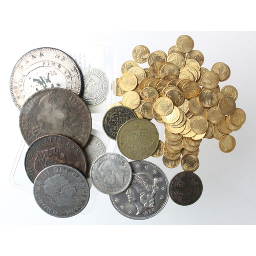 783 - Fantasy & Copy Coins (11) plus approx. 100 gilt brass miniature Mexican and USA coins (Mexican weddi... 