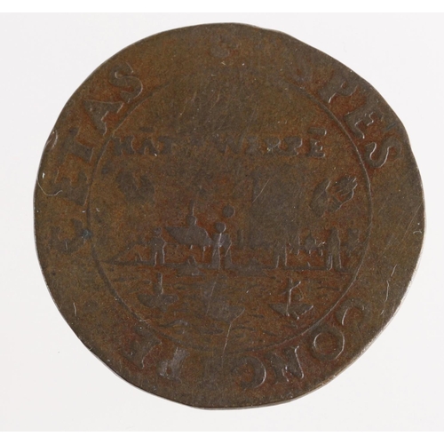 798 - Jeton 1585, bronze, commemorating the Fall of Antwerp to the Spanish, featuring image of the Devil, ... 