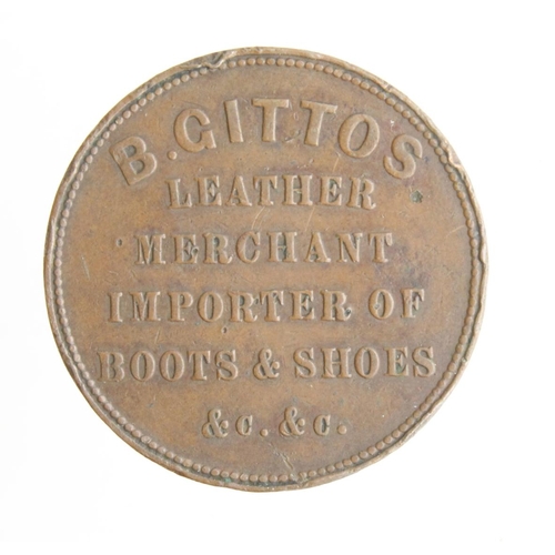 825 - New Zealand Penny Token: B. Gittos, Auckland, 1864, VF, edge knocks.