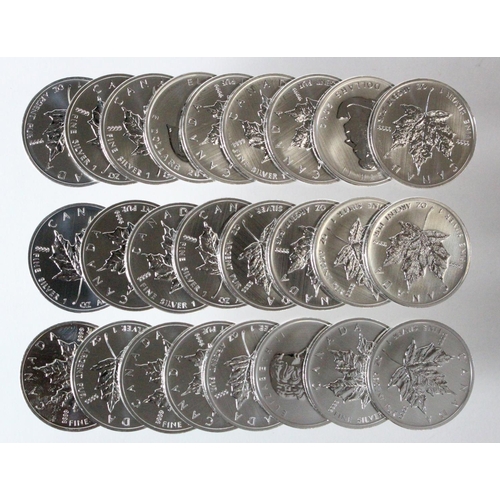 882 - Canada Silver one ounce Maples (25) a tube full. All dated 2012 Unc - BU