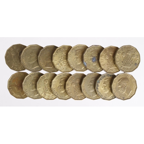 921 - GB Brass Threepences (16) George VI assortment in selected better grades.