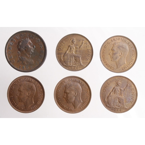 946 - GB Copper & Bronze Pennies (6): 1806 GF, 4x 1944 EF, and 1945 EF