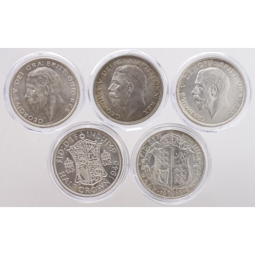 998 - GB Halfcrowns (5): 1916 GVF, 1918 AU, 1929 EF, 1936 AU, and 1945 BU