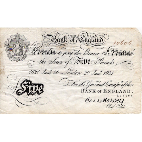 107 - Harvey 5 Pounds dated 20th January 1921, serial B/17 77504, London issue (B209a, Pick312a) inked num... 