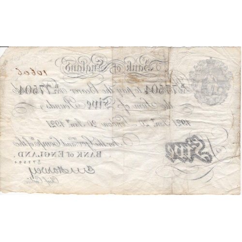 107 - Harvey 5 Pounds dated 20th January 1921, serial B/17 77504, London issue (B209a, Pick312a) inked num... 