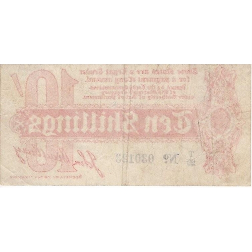 27 - Bradbury 10 Shillings issued 1914, serial T/29 030123, No. with dot (T8, Pick346) small edge nick, F... 