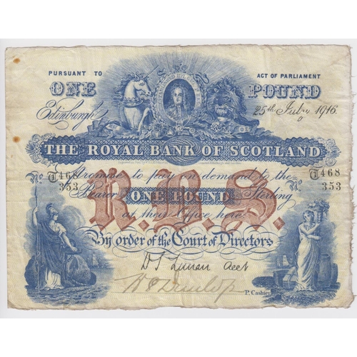 358 - Scotland, Royal Bank of Scotland 1 Pound dated 25th July 1916, rare early date, signed D.S. Lunan an... 