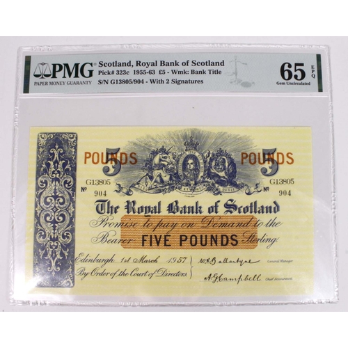 363 - Scotland, Royal Bank of Scotland 5 Pounds dated 1st March 1957, signed Ballantyne & Campbell, serial... 