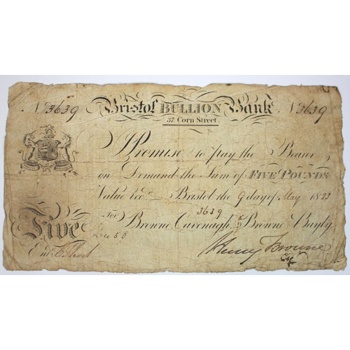 378 - Bristol Bullion Bank 5 Pounds dated 9th May 1823 for Browne, Cavenagh, Browne & Bayly, serial no. 36... 