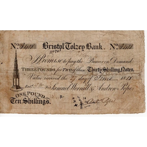 379 - Bristol Tolzey Bank 1 Pound 10 Shillings dated 27th June 1818 for Samuel Worrall & Andrew Pope, seri... 