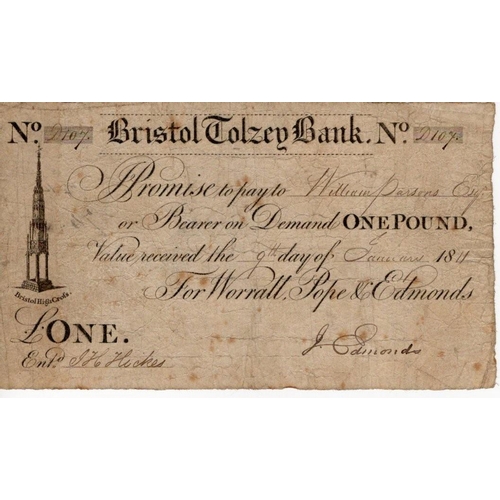 380 - Bristol Tolzey Bank 1 Pound dated 1811 for Worrall, Pope & Edmonds, serial no. D107 (Grant 474A, Out... 