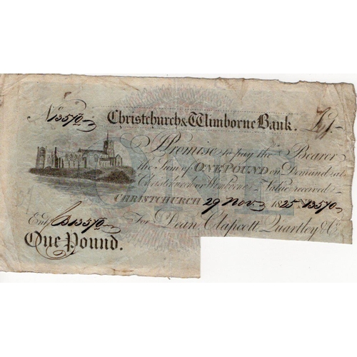 383 - Christchurch & Wimborne Bank 1 Pound dated 1825, serial No. 13570 for Dean, Clapcott, Quartley & Co.... 