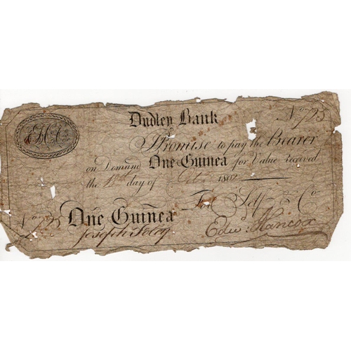 386 - Dudley Bank 1 Guinea dated 1802, serial No. 725 for Self & Co., signed Edw. Hancox (Outing714a) hole... 