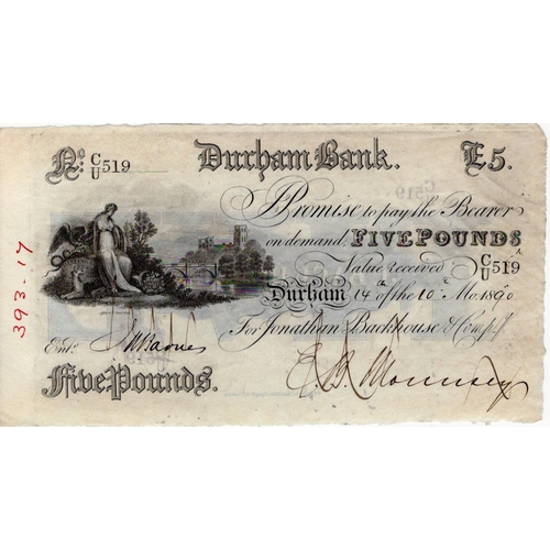 388 - Durham Bank 5 Pounds dated 1890, serial No.C/U 519 for Jonathan Blackhouse & Co., fully issued exapm... 