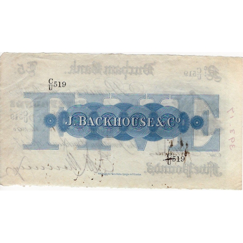 388 - Durham Bank 5 Pounds dated 1890, serial No.C/U 519 for Jonathan Blackhouse & Co., fully issued exapm... 