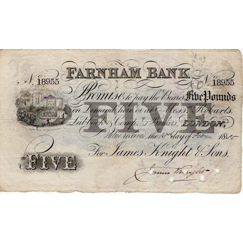 389 - Farnham Bank 5 Pounds dated 1885, serial No. 18955 for James Knight & Sons (Outing784e) annotations ... 