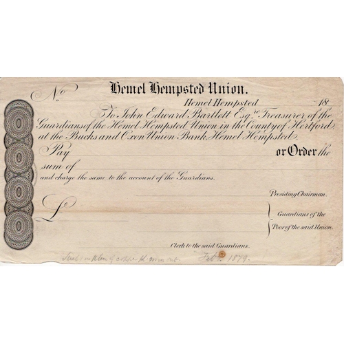 391 - Hemel Hempsted Union PROOF cheque, handwritten pencil annotations and date 1879 at bottom of cheque,... 