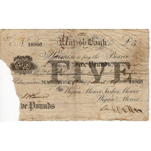 393 - Kentish Bank, Maidstone, Five Pounds dated 1st March 1884, no. 18966 for Wigan, Mercer, Tasker & Mer... 