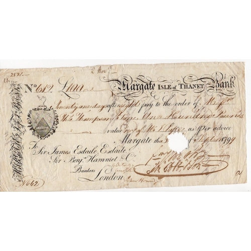 395 - Margate Isle of Thanet Bank (2), 21 day sight note and 14 day sight note dated 1799, punched hole ca... 