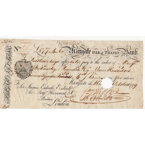 395 - Margate Isle of Thanet Bank (2), 21 day sight note and 14 day sight note dated 1799, punched hole ca... 