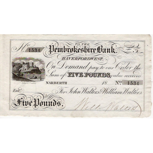 396 - Narberth, Pembrokeshire Bank, Haverfordwest 5 Pounds 18xx, serial No. 1534 for John Walters and Will... 