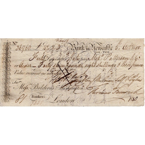 398 - Newcastle, Bank in Newcastle upon tyne, 40 Day Sight Note dated 1808 for 47 Pounds, 8 Shillings & 3 ... 