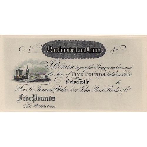 399 - Newcastle, Northumberland Bank 5 Pounds 18xx, an original Thomas Bewick pull on card for Sir Francis... 