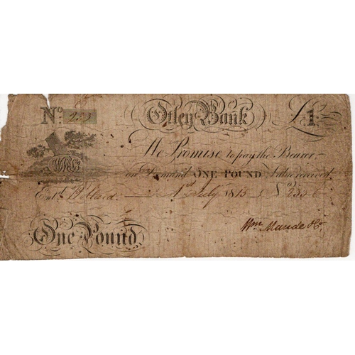 401 - Otley Bank 1 Pound dated 1815, serial No. 233 for Wm Maude & Co. (Outing 1646a) holes and splits, ed... 