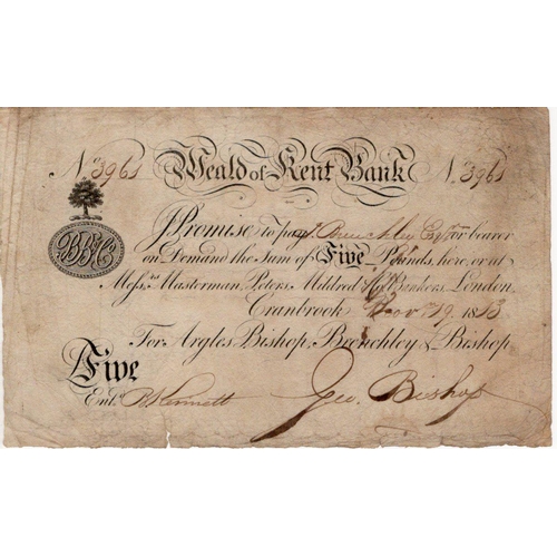 404 - Weald of Kent Bank Cranbrook 5 Pounds dated 1813, serial No. 3961 for Argles Bishop, Benchley & Bish... 