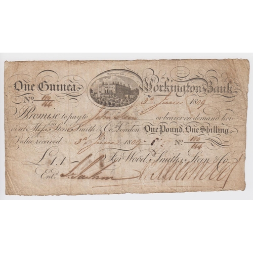 407 - Workington Bank 1 Guinea dated 3rd June 1809 for Wood, Smiths, Stein & Co. serial no. 180/144 (Outin... 