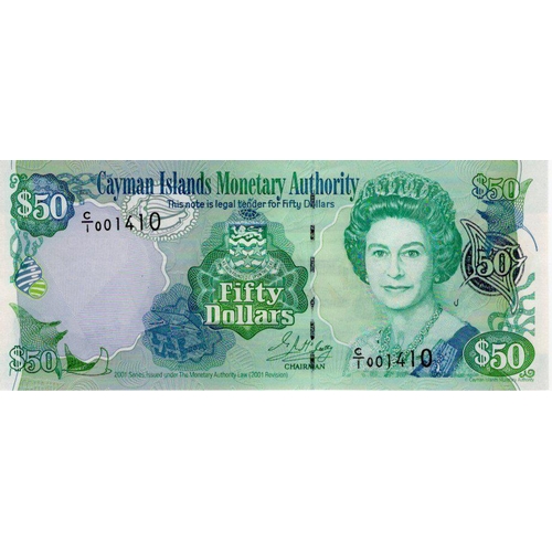 481 - Cayman Islands 50 Dollars dated 2001, serial C/1 001410 (TBB B209a, Pick29a) Uncirculated