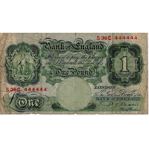 67 - Beale 1 Pound issued 1950, rare SOLID Number note, serial No. S36C 444444 (B268) many small tears/ed... 