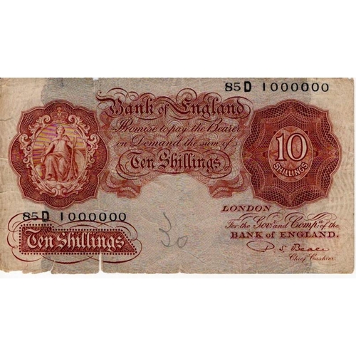 70 - Beale 10 Shillings issued 1950, rare ONE MILLION NUMBER note, serial No. 85D 1000000 (B265) small te... 