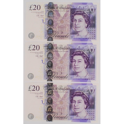 79 - Cleland 20 Pounds (3) issued 2015, including a consecutively numbered pair serial JJ41 508163 & JJ41... 