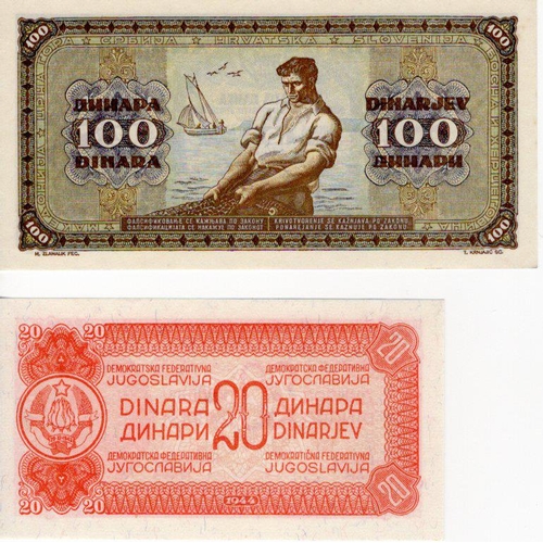 841 - Yugoslavia (2), 20 Dinara dated 1944 scarce note WITHOUT SERIAL no. (Pick51c) about Uncirculated, 10... 