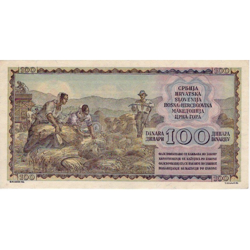 843 - Yugoslavia 100 Dinara dated 1st May 1953, serial AT 559002 (Pick68) about Uncirculated