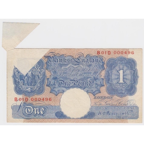 90 - ERROR Peppiatt 1 Pound issued 1940, serial B01D 000496, large extra paper FISHTAIL at top left corne... 