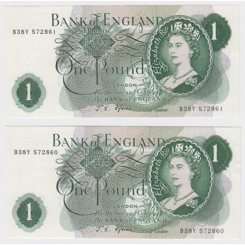 92 - Fforde 1 Pound (2) issued 1967, a consecutively numbered pair of FIRST SERIES notes, serial B38Y 572... 