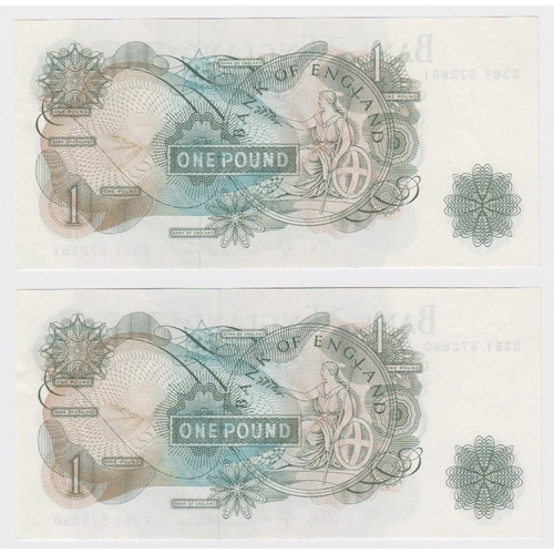 92 - Fforde 1 Pound (2) issued 1967, a consecutively numbered pair of FIRST SERIES notes, serial B38Y 572... 