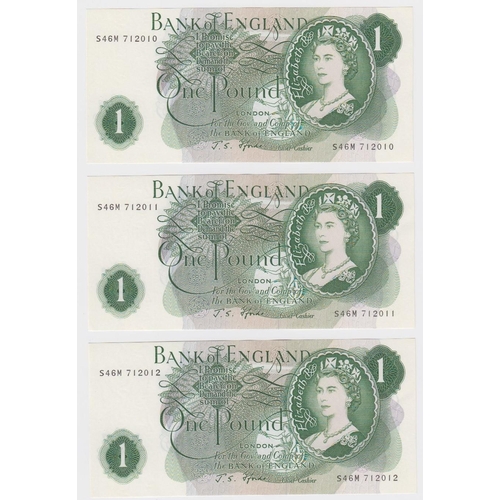 93 - Fforde 1 Pound (3) issued 1967, a consecutively numbered run of REPLACEMENT notes, serial S46M 71201... 