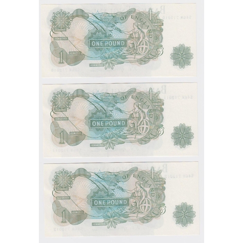 93 - Fforde 1 Pound (3) issued 1967, a consecutively numbered run of REPLACEMENT notes, serial S46M 71201... 