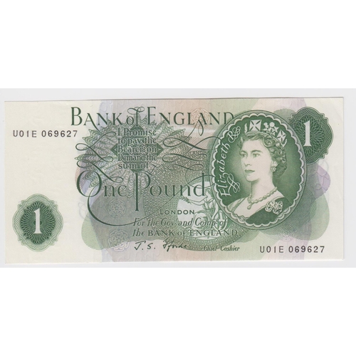 95 - Fforde 1 Pound issued 1967, scarce FIRST PREFIX note issued with 'G' on reverse, serial U01E (B307, ... 