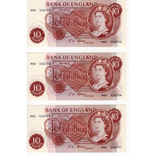 96 - Fforde 10 Shillings (3) issued 1967, a consecutively numbered run of rare LAST RUN REPLACEMENT notes... 