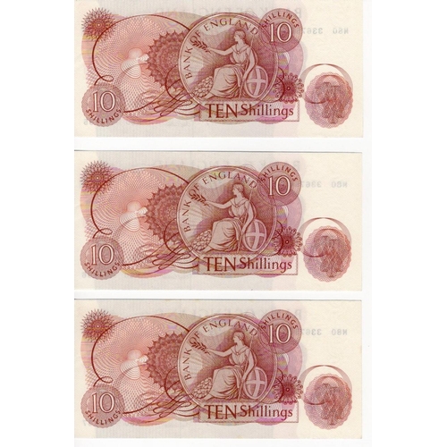 96 - Fforde 10 Shillings (3) issued 1967, a consecutively numbered run of rare LAST RUN REPLACEMENT notes... 