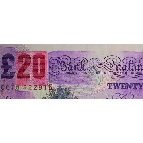 83 - ERROR Lowther 20 Pounds issued 1999, large ink smudge on front, serial CC78 522915 (B386, Pick390a) ... 