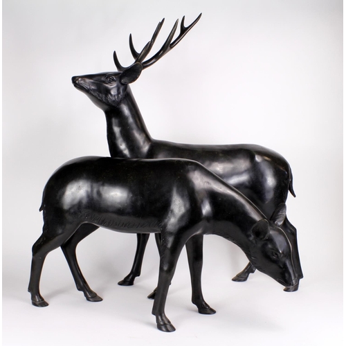 1050 - Two large spelter figures of deer, largest height 84cm, length 65cm approx. (heavy, buyer collects)