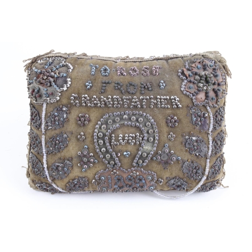 1055 - Victorian beaded cushion, decorated with a horse shoe, reads 'To Rose From Grandfather 1898', 20cm x... 